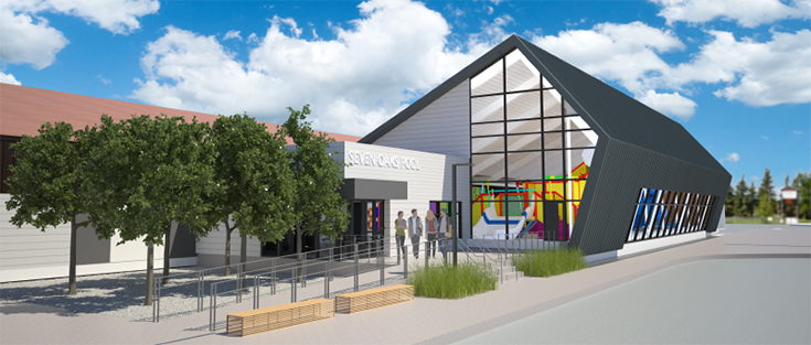 Rendering depicting the outside of the Seven Oaks Pool facility.