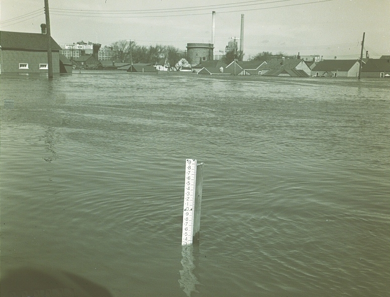 A gauge board measuring the river level