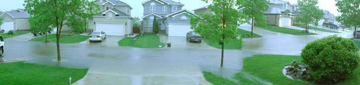 Panoramic photo of heavy rains on streetscape